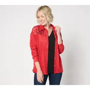 Attitudes by Renee Faux Suede Snap Front Shirt w/ Laser Cutouts