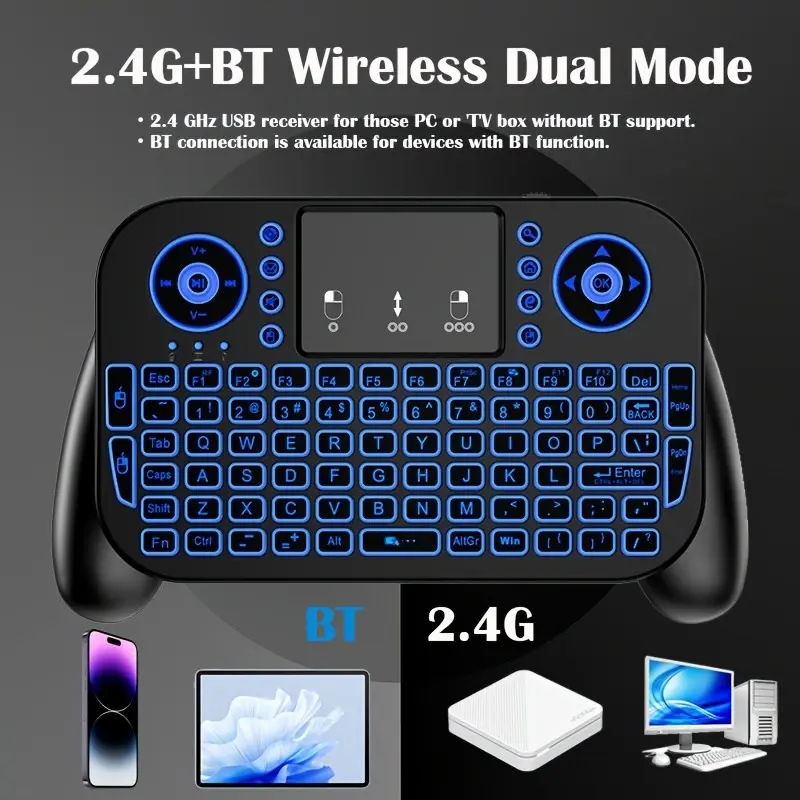 Mini Keyboard with Touchpad - 2.4Ghz & BT Dual-Mode, 7-Color Backlight, Multimedia Hotkeys, Rechargeable, for Android TV Box, Smart TV, Projector, PS3, PC, Tablet, Windows/Ios/Android
