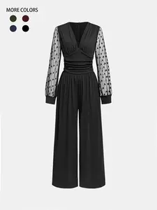 Women's Polka Dot Patchwork Print Contrast Lace Ruched Wide Leg Jumpsuit, Elegant Chic Long Sleeve V Neck Jumpsuit for Party Holiday, Jumpsuit for Women, Ladies Clothes for All Seasons, Elegant Fashion Jumpsuit, Womenswear