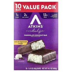 Atkins Endulge™, Chocolate Coconut Bar, 10 Bars, 1.41 oz (40 g) Each Atkins Endulge™, Chocolate Coconut Bar, 10 Bars, 1.41 oz (40 g) Each