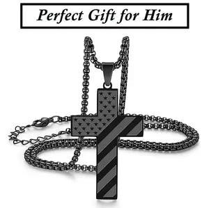 black Cross Necklace with Bible Verse & American Flag Pendant-Stainless Steel Men's Jewelry Gift | Faith-Inspired, Bold & Patriotic Chain for Him great birthday gift starfish  necklace