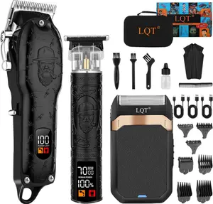 LQT Black Classic 3-in-1 Hair Clipper Set: professional clipper zero-gap trimmer shaver. Self-sharpening blades, quiet low vibration, long runtime USB charging, car laptop power bank compatible, classic black, home travel portable, for adults kids