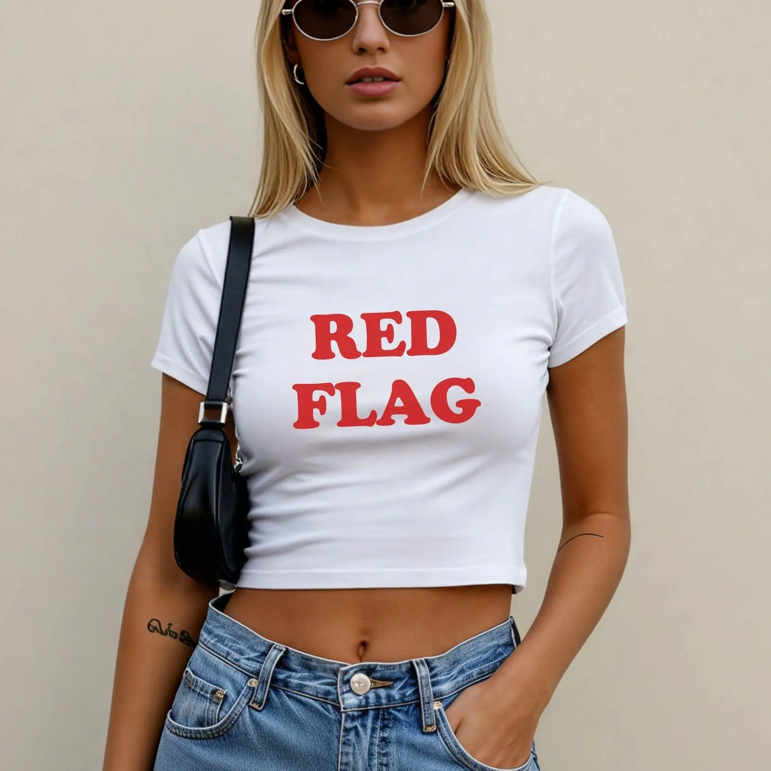 Red Flag Baby Tee Woman, Funny Woman T-Shirt, Y2K Slogan Crop Top