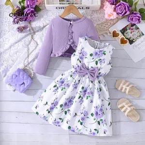 QKHHWQ Girl Dress Set Floral Print Round Neck Bow A-Line Tank Dress Ruffled Ribbed Cardigan 95 Polyester 5 Elastane Sizes 2-8Y