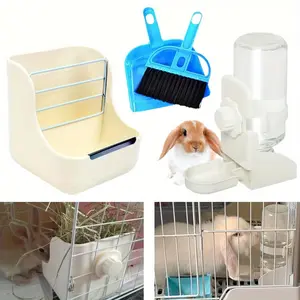 4PCS with Hanging Water Dispenser Rabbit Hay Food Bin Feeder and Bunny Water Bottle Set Hay Food Feeder Bowls Manger Rack Prevent Knock Over for Rabbit Guinea Pig Chinchilla summervibes