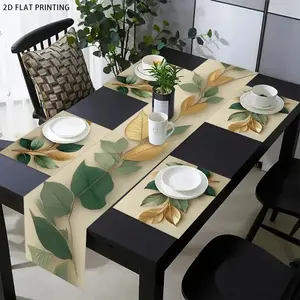 2D flat printing, 1 piece/4 pieces/6 pieces/5 pieces set/7 pieces set, gold leaf pattern table flag and placemat set, kitchen and dining decoration, suitable for indoor and outdoor use, suitable for daily meals and gatherings