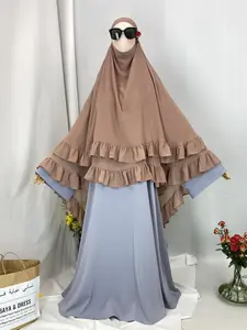 Women's Solid Color Ruffle Trim Chiffon Khimar, Modest Fashion Two Layer Design Long Hijab for Daily Wear, Women's Islamic Clothing for All Seasons