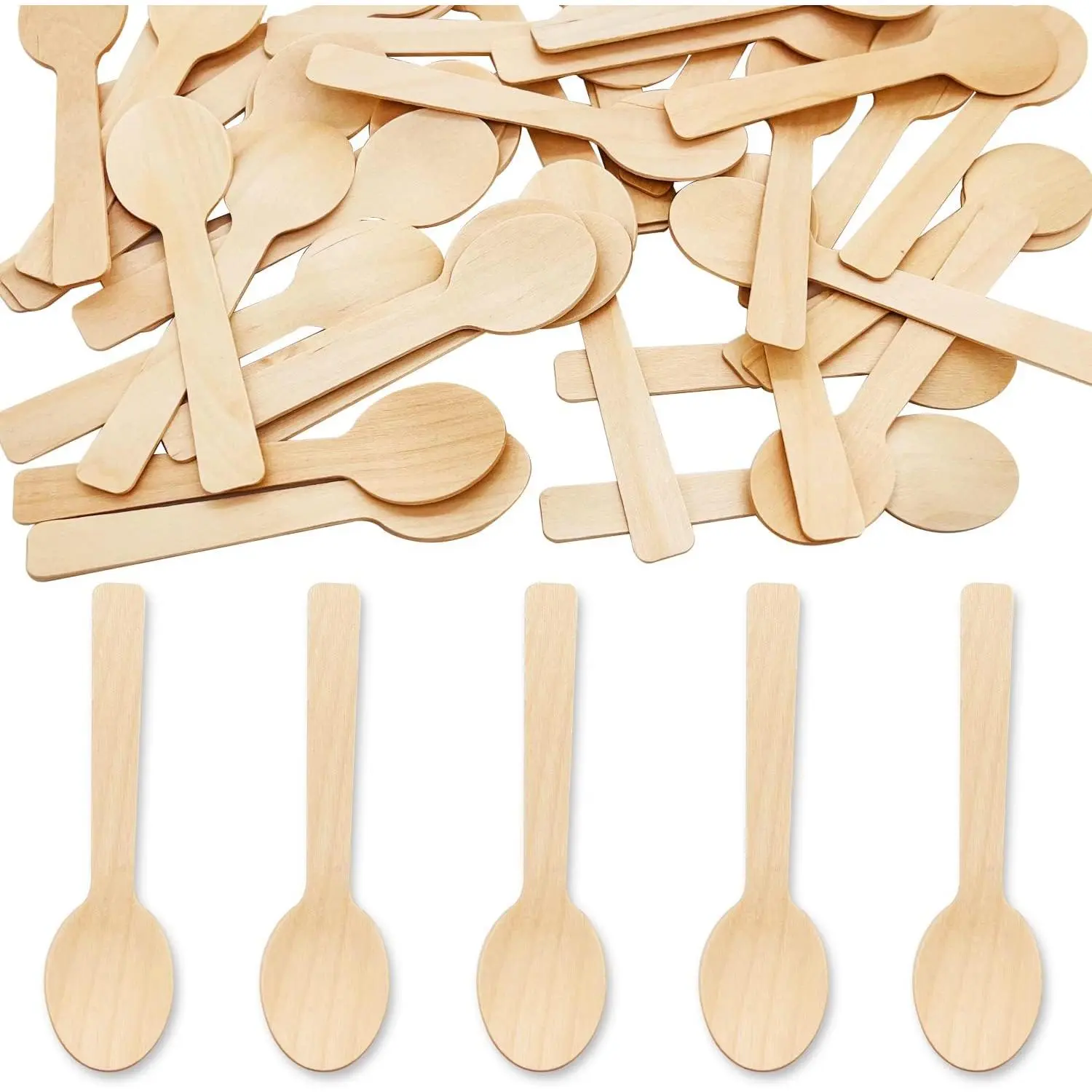 200-Count Modern 4-Inch Sturdy Disposable Birchwood Dessert Spoons, Biodegradable Compostable Cutlery Tableware for Desserts