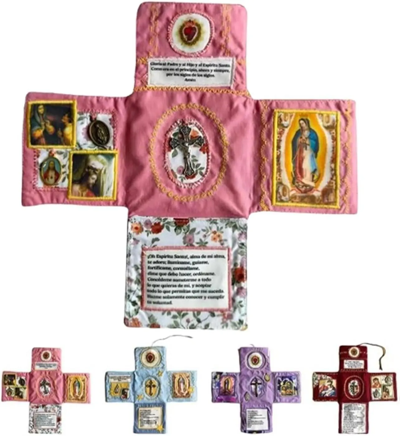 Handcrafted Pocket Devotion–Faith Edition,Catholic Travel Prayer Kit with Cross,Mini Handmade Christian Catholic Gift,Folding Shrine with Silver Cross Included Inside, Personal Altar (Pink)