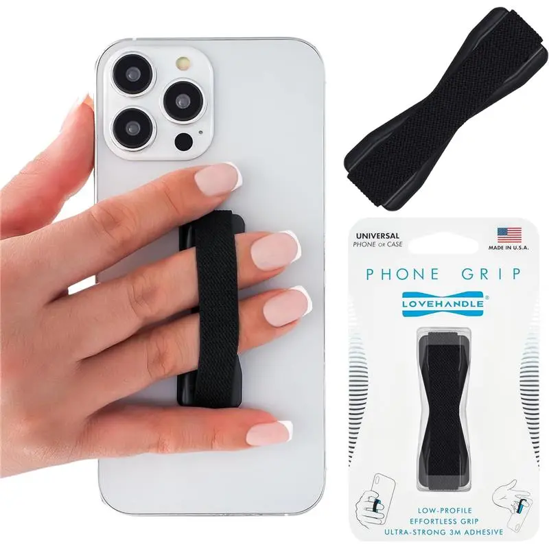 Universal Phone Grip for Smartphones & Mini Tablets - Phone Holder for Hand - Wireless Charging Compatible - Made in The USA - Solid Black
