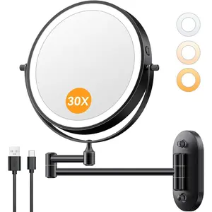 1X/30X Wall Mounted Lighted Makeup Mirror, 8" Rechargeable Double-Sided Magnifying Mirror with Light,  Dimmable 3 Color Light, 360? Rotation Foldable Extended Arm, Black