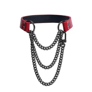 Red Leather with Thick Chains, Movable Pulling Chain Daily Wear Leather Necklace Choker Punk, gothic-inspired accessories slipchaincollarwomen necklaces choking necklace male accessories gothic jewelry necklaces for women collar