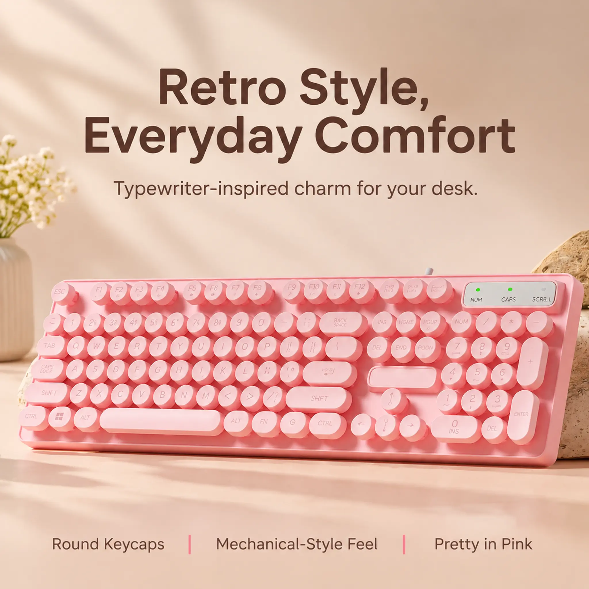 Retro Round Keycap Wired Keyboard, 104-Key Full-Size USB Membrane Keyboard with White Backlit Key Legends, Quiet Typewriter-Style Typing for PC Laptop Office Study and Home, Soft Touch Keys, Built-In Tilt, Anti-Slip Feet