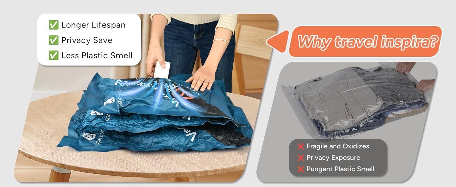 travel inspira 15 Pack Vacuum Storage Bags with Wireless Pump, Travel Essentials Space Saver Bags for Travel, Privacy Protection Oxford Cloth Compression Bags 3 Sizes for 20/24/28" Suitcase
