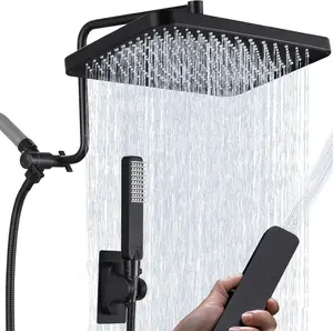 13" Dual Rainfall Shower  with Handheld Spray Combo, 3 Settings Shower Diverter, Massage Handheld Shower Wand, Adjustable Extension Arm, 71 Inches Extra Long Hose - Matte Black