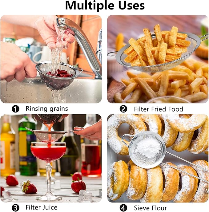 3Pcs Super Wire Extra Fine Mesh Strainer with Handle, Small Medium Large Size Sifter Metal Strainer