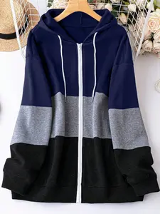 Plus Size Women's Hooded Sweatshirt, Colorblock Casual Comfortable Loose Fit, Lazy Style Pullover for Daily Wear Color Contrast Hoodie