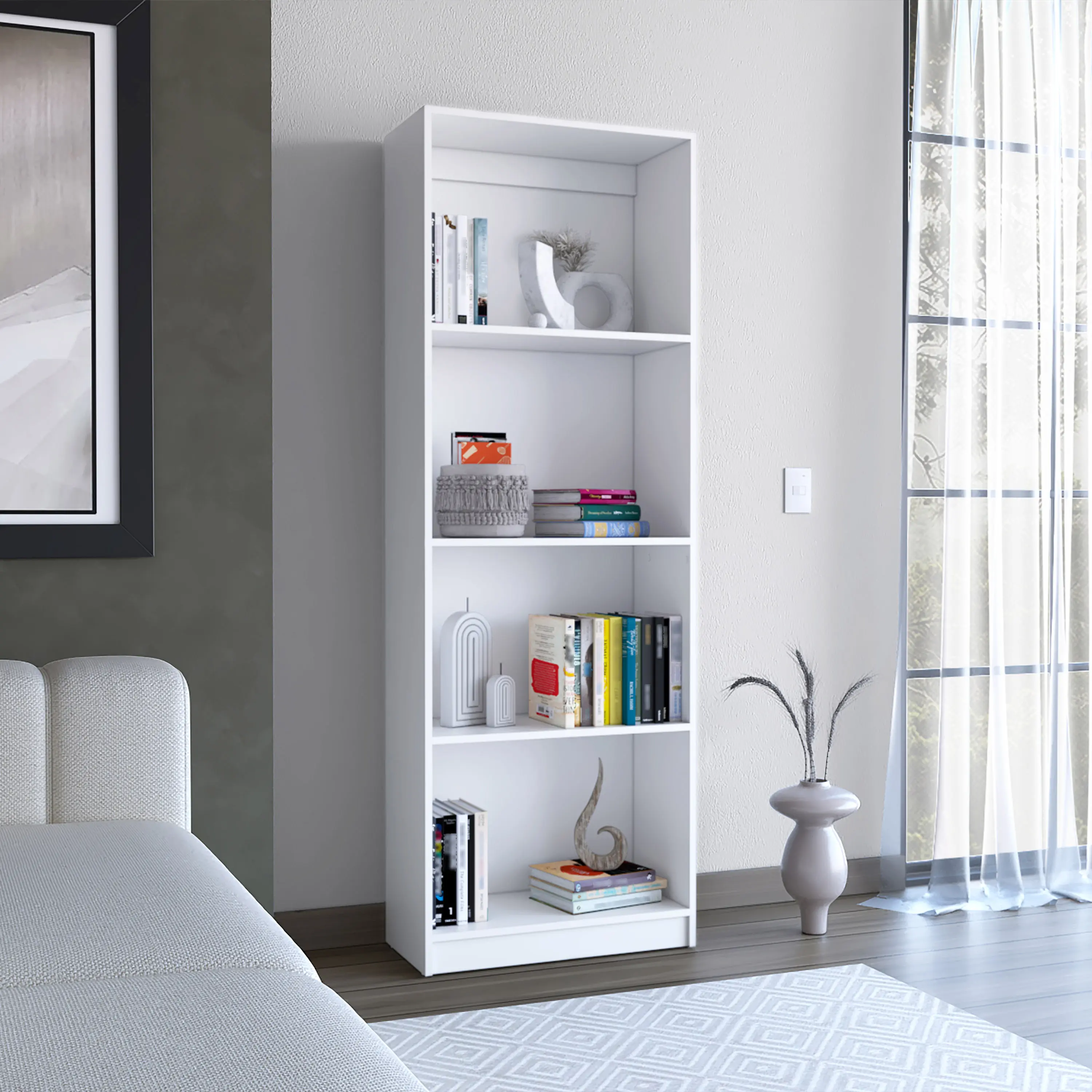 Dreamzon Furniture Vinton Contemporary Minimal Interior Bookshelf - Indoor Living Room Full-Assembly Storage Cabinet, White Tier-Shelving Unit with Spacious Compartments for Organizing