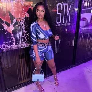 Stylish Sexy Hot Girl Square Neck Top & Shorts Two-Piece Set Fitted Digital Print Pants Ensemble Easy to Dress Up with Sneakers or Heels Perfect for Street Style Parties & Summer Hangouts Clothes Womenswear Casual Day Elegance Suits Basic Blue