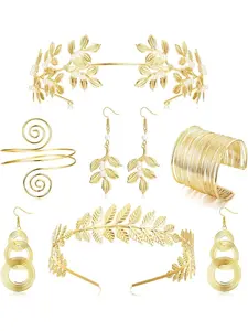 6 Pcs Greek Goddess Costume Accessories Set for Women Gold Laurel Leaf Crown Headband Upper Arm Cuff Coil Bracelet Pearl Dangle Earring Bridal Bridesmaid Wedding Headpiece Toga Costume Jewelry