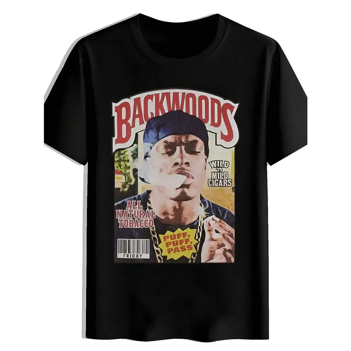 Women's Classic Natural Short-Sleeve Black T-Shirt - Bold "Backwoods" Graphic Print, Office-Casual Summer Top with Collars, Shortsleeve, Fabric, Day, Round Neck, Breathable, Cotton, Original, Ribbed, Soft, Regular Fit, Evening, Fashion, Comfortable, Tshir