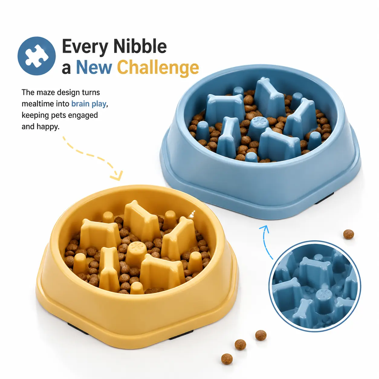 Dog Slow Feeder Bowl - Bone Pillar Design, Polypropylene (PP Plastic) Safe Non-Toxic Material, Wide Stable Non-Slip Base, Interactive Feeding Dish for Dry/Wet Food, Slows Eating, Reduces Spillage
