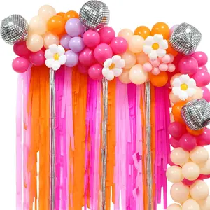 Daisy Balloon Garland Arch Kit, Pink Orange Disco Groovy Balloon Arch Fringe Backdrop Daisy Flower Disco Balloons for Boho Daisy Birthday Baby Shower Wedding 70s Disco Groovy Party Decorations