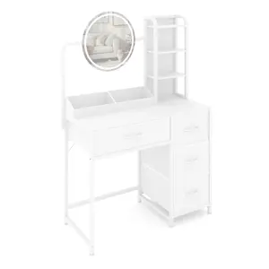 Garvee Small Vanity Desk with Lighted Round Mirror & Power Outlet, Makeup Vanity Table with 4 Fabric Drawers & 3 Shelves, Modern Dressing Table for Bedroom