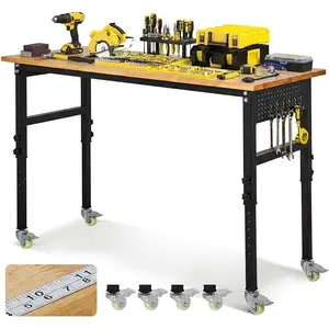 Heavy Duty Adjustable Workbench with Casters & Thickened Legs – 8‑Level Height Adjustment with Scale, Pegboard & Hooks – Rubberwood Worktable for Garage or Workshop