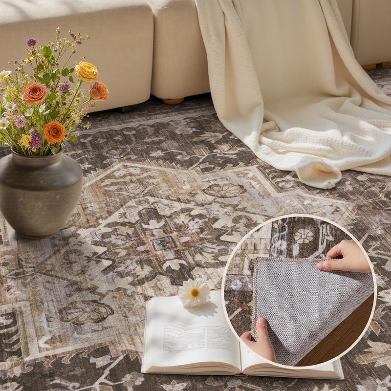 MontVoo Vintage Medallion Rug, Retro Distressed Design, Washable Non-Slip Area Rug, Farmhouse Aesthetic Home Decor for Living Room, Bedroom