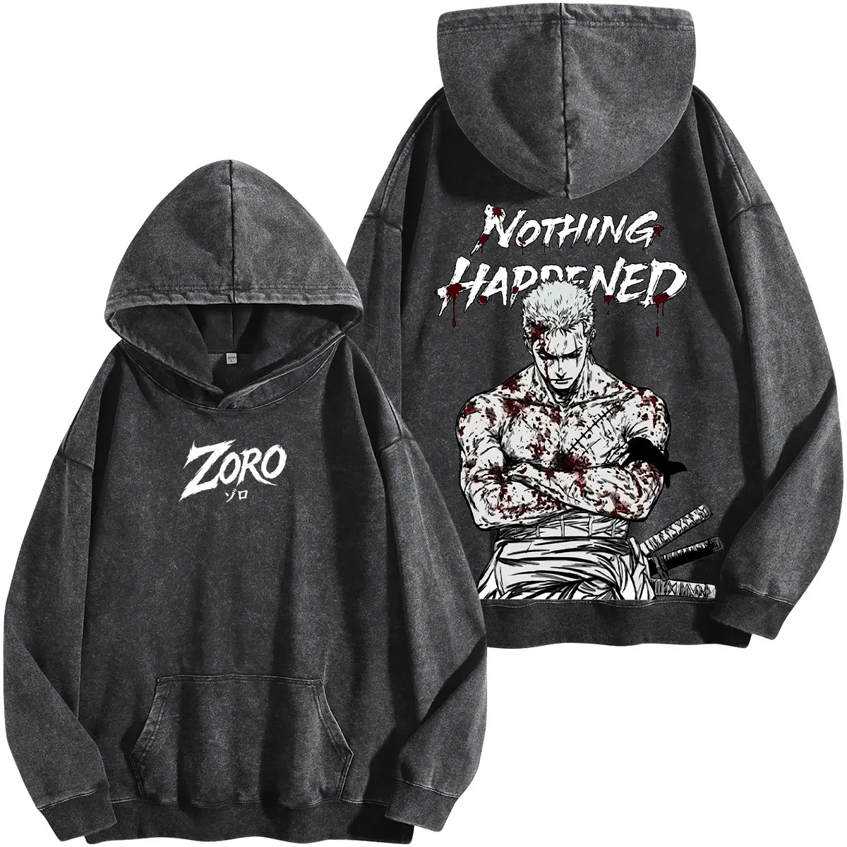 Roronoa Zoro Nothing Happened Vintage Washed Hoodie Oversized T Shirt One Piece Anime Streetwear Manga Graphic Tee Samurai Sword Unisex Heavyweight Cotton Harajuku Aesthetic Double Sided Print Anime Fan Gift