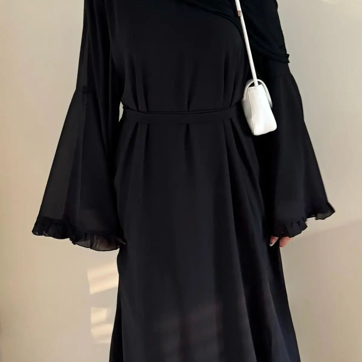 Women's Black Chiffon Abaya with Ruffled Sleeves - Casual Style - Free Size - Womenswear