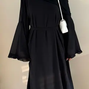 Women's Black Chiffon Abaya with Ruffled Sleeves - Casual Style - Free Size - Womenswear