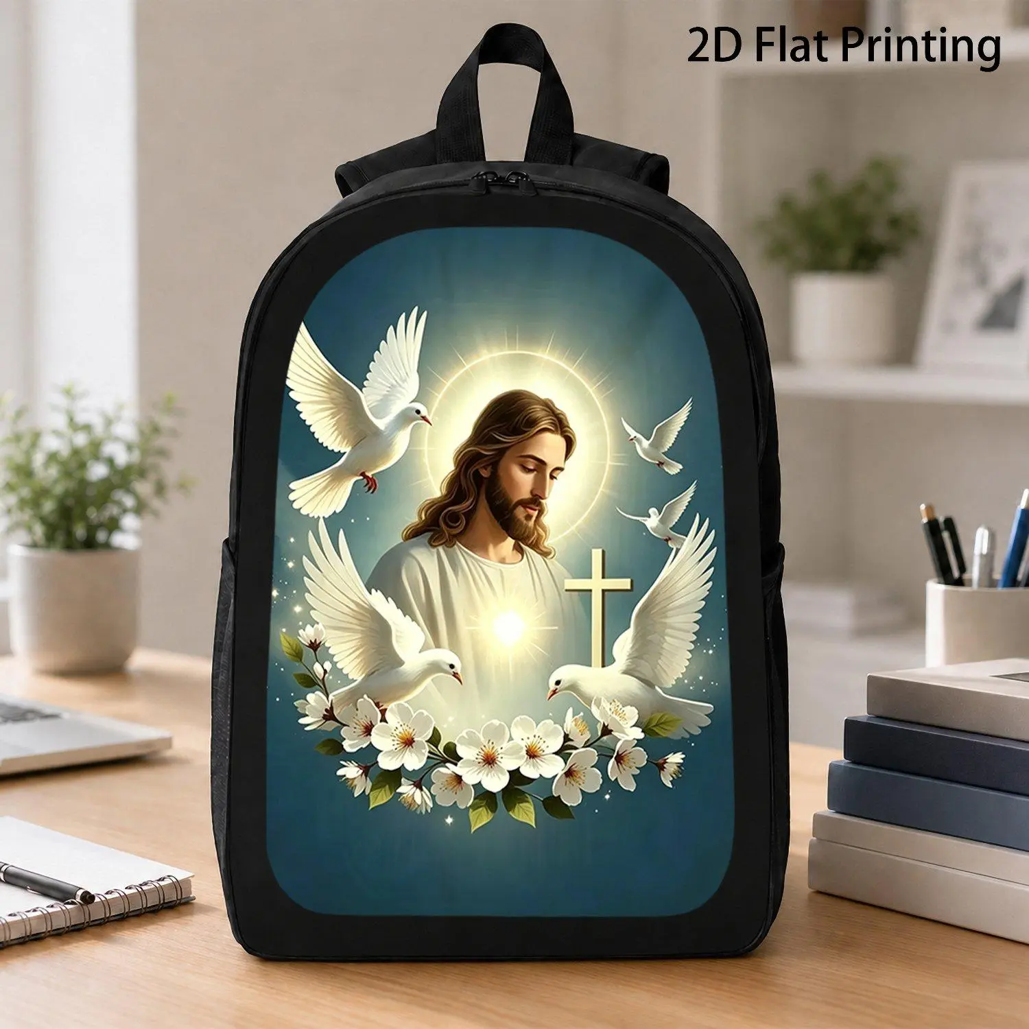 1pc Religious Backpack with Floral Dove & Cross Print - Large Capacity School Bookbag, Multi-Pocket Travel Daypack Suitable for Commuting, Church, College, Flexible-Length Shoulder Straps, Zipper Closure Daypack