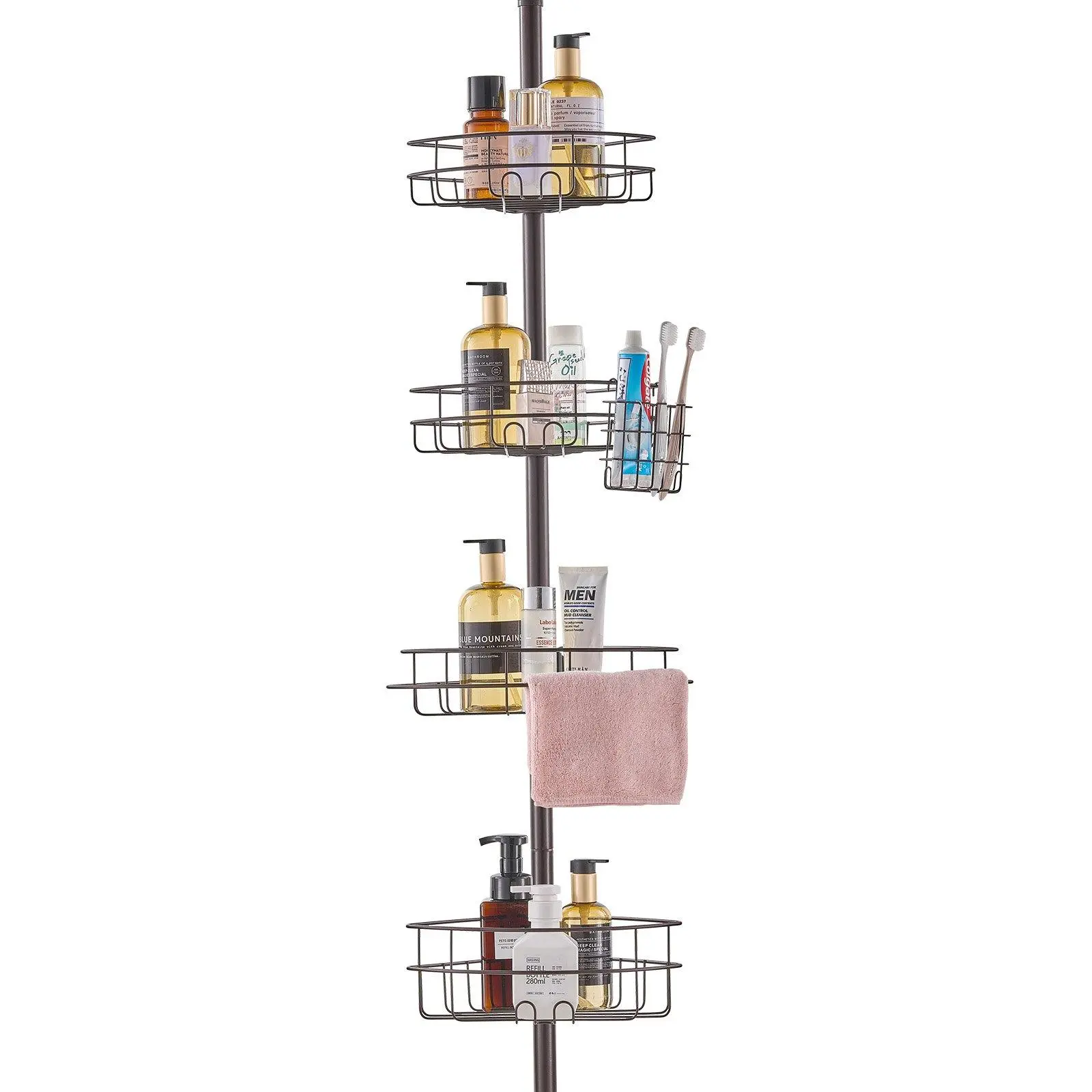 【SummerFinds】VEVOR Stainless Steel Rust-Proof Height-Adjustable Tension Pole Shower Corner Caddy, 56"-114" High Easy-Installation Bathroom Organizer with Draining Tray & Load Capacity for Toothbrushes & Supplies, Shower Organizer, Durable