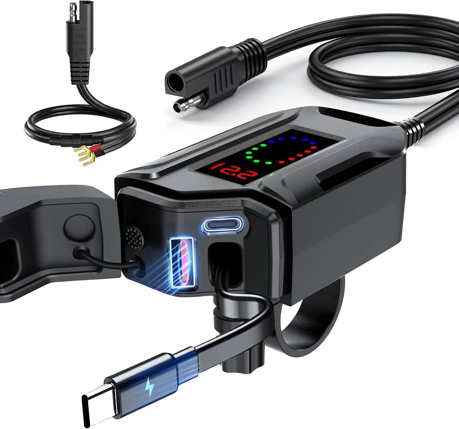 Motorcycle Phone Charger, 3 in 1 Motorcycle USB Charger Fast Charging Port with USB-C & USB-A,12–24V Waterproof LED Voltmeter, Motorcycle Accessories Adapter for GPS Motorbike ATV