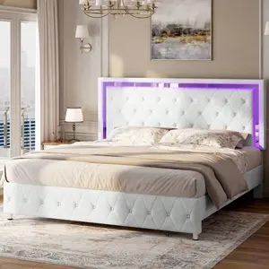 Full/Queen Size Velvet Upholstered Platform Bed Frame With LED Lights, Headboard & Footboard - No Box Spring Required, Light Grey