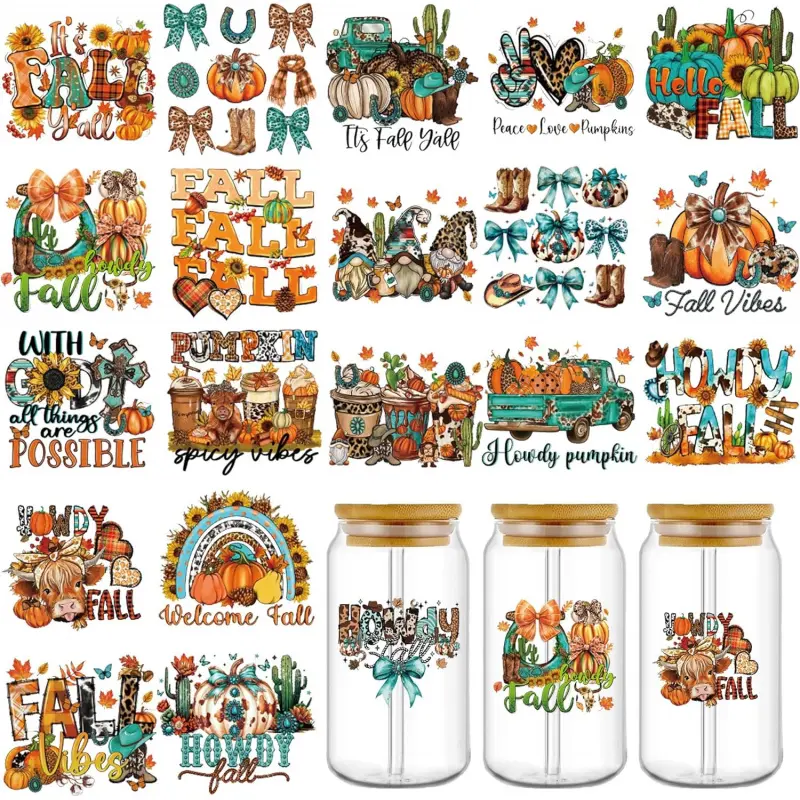 19 Pcs Fall Western UV DTF Cup Wraps, Autumn Cowboy UV DTF Cup Wrap for 16 OZ, Thanksgiving UVDTF Sticker Decals for Laptop Glass, Waterproof Rub on Transfers for Crafts, DIY Home School Decor