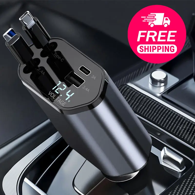 Retractable Car Charger, 4 in 1 Super Fast Charging Car Charger Max 100W, Retractable Cable and 2 USB Ports Car Charger Adapter for iPhone 15 14 13 12