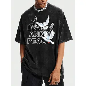 Mens Love and Peace Print T Shirt Soft Washed Pure Cotton Casual Round Neck Tee with Love and Peace Lettering Summer Short Sleeve Top Suitable for Summer Events and Casual Wear Machine Washable Comfortable Garment