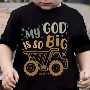 Boys' Cotton "My God Is So Big" Bulldozer Graphic T-Shirt - Short-Sleeve, Round-Neck, Comfy Casual Summer Top