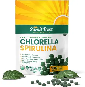 Sunlit Best Organic Chlorella & Spirulina 1,000 Tablets - Pure Superfood Supplement with Blue Green Algae, Chlorophyll & Vegan Protein