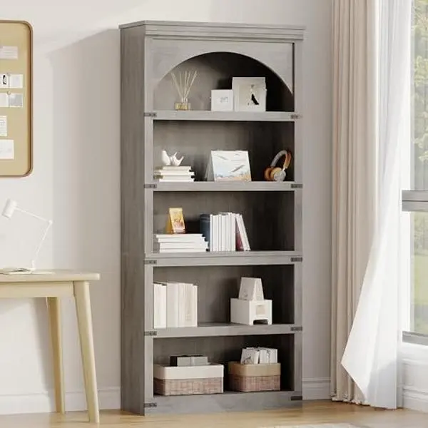 GARVEE Grey Arched 5-Shelf Wooden Bookcase, 68.7 in Tall Farmhouse Curved Storage Rack for Home Office, Living Room Books