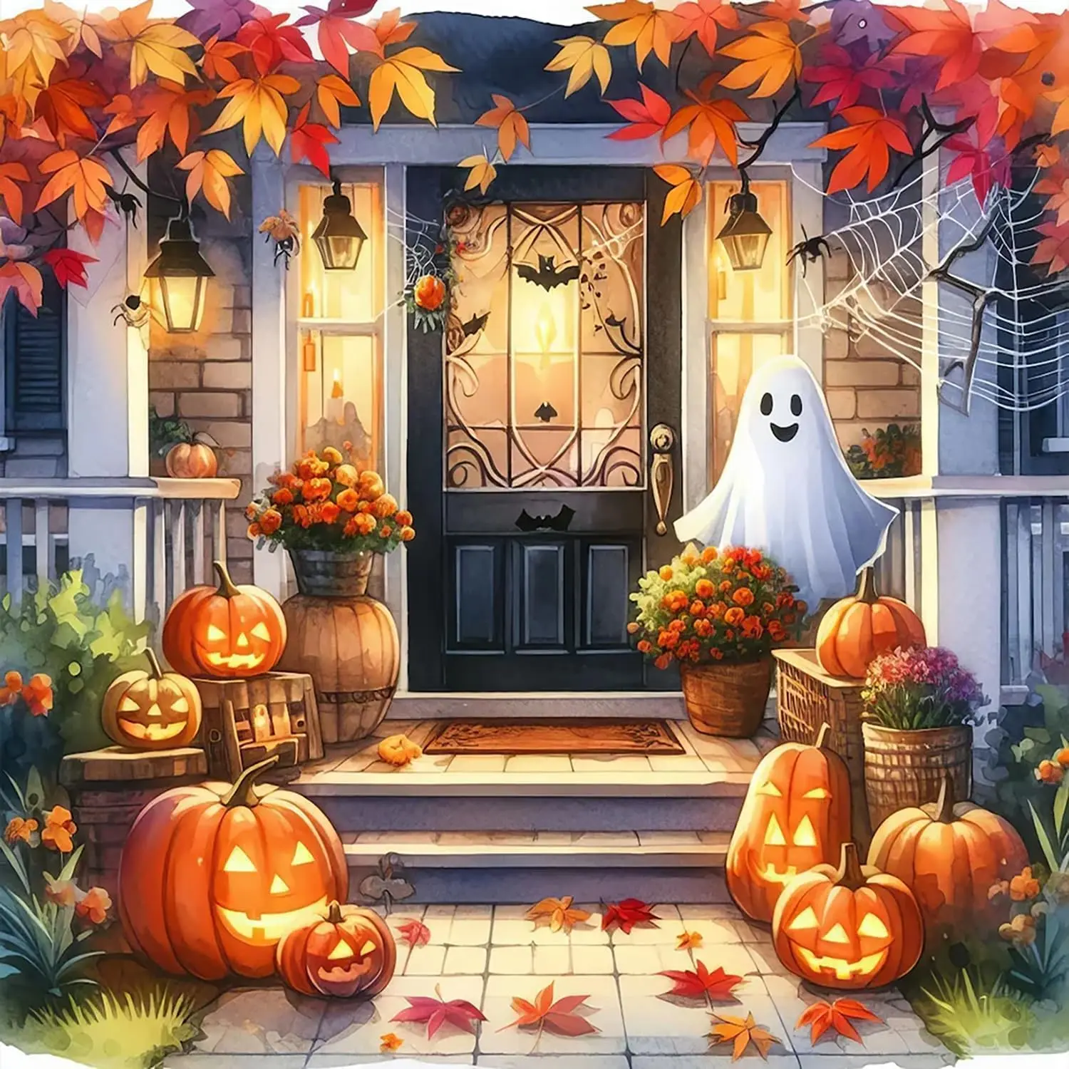 5D Full Drill Diamond Painting, Cute Ghost Halloween Front Porch with Pumpkins & Autumn Maple Leaves, Fall Spooky DIY Wall Art