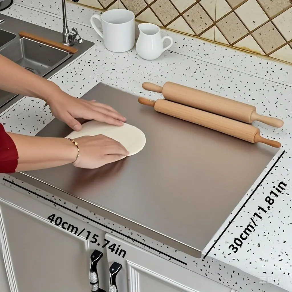 304 Stainless Steel Heavy-Duty Cooking Cutting Board - Large Chopping Board with Silicone Non-Slip Pad, Cover, Dish-Friendly Car Exterior Decoration Kitchen Accessory for Slicing Meat, Baking Pastry