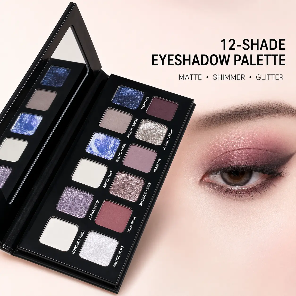 12 Shades Wolf Tone Multi-Use Makeup Palette - Eyeshadow, Contour & Highlighter Powder with Burgundy, Matte & Glitter for Daily, Party & Dating, Travel Size, Shimmer, Compact