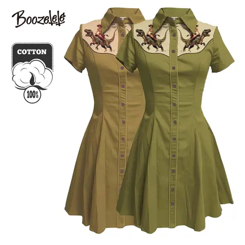 BOOZELELE Women's 100% Cotton Hand-Painted Western Print Casual Dress - Short-Sleeve, Button-Front, Cowgirl Outlaw Style, Country Concert & Party Outfit, Urban Cowboy Attire for Summer Going Out