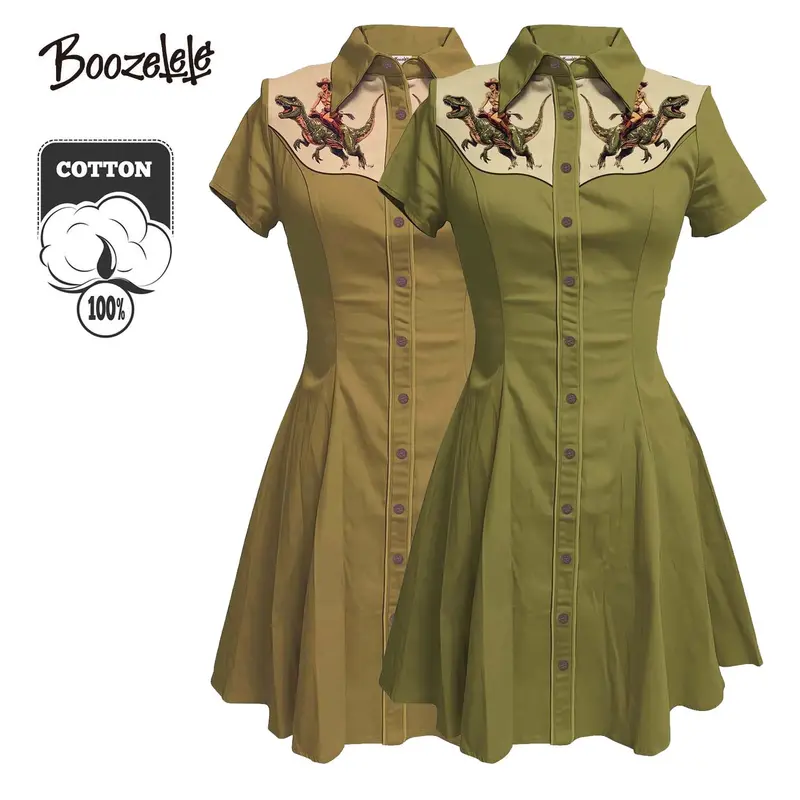 BOOZELELE Women's 100% Cotton Hand-Painted Western Print Casual Dress - Short-Sleeve, Button-Front, Cowgirl Outlaw Style, Country Concert & Party Outfit, Urban Cowboy Attire for Summer Going Out