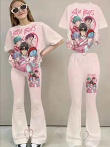 Boys' Idol Manga Style Short Sleeve Bell Bottoms Set, Casual Two-Piece, Fitted Design, No Collar, Without Button, All over Print