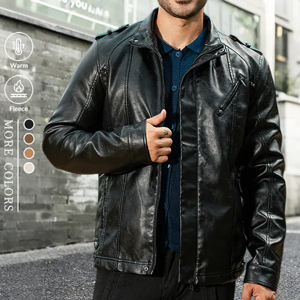 Men's rugged leather jacket, solid color motorcycle style with three-dimensional cut and multiple zippers, shoulder epaulet details, windproof and abrasion-resistant, suitable for stylish men seeking personalized everyday streetwear to enhance their mascu